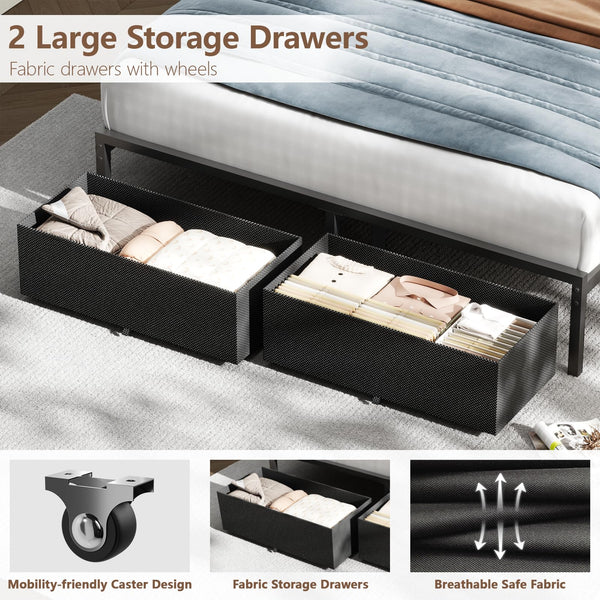Queen Bed Frame with LED Lights, Storage Drawers & Charging Station