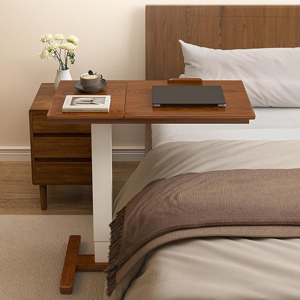 IUNVR Solid Wood Overbed Bedside Table with Hidden Casters, Adjustable Hospital Bed Table Rolling Laptop Desk with Split Dual Desktop & Pneumatic Gas Spring Lift for Hospital, Home Use (Natural)