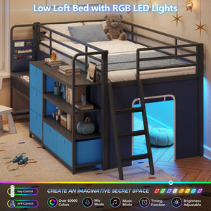 Low Loft Bed with Desk, Storage Drawers & LED Lights – Twin