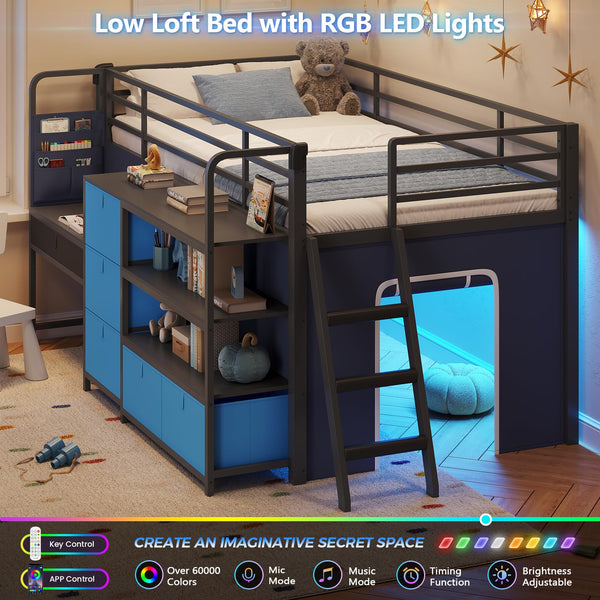 Low Loft Bed with Desk, Storage Drawers & LED Lights – Twin