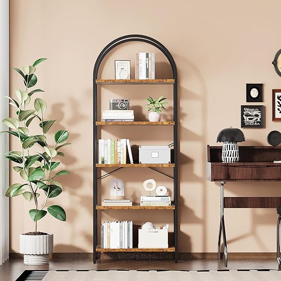 5-Tier Arched Metal Bookshelf, 71" Industrial Freestanding Display Rack