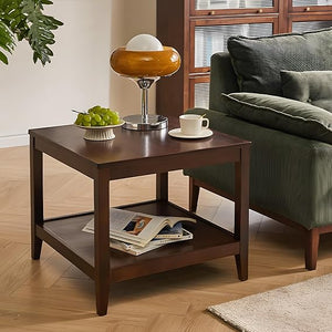 Solid Wood Square End Table with 2-Tier Storage Shelf