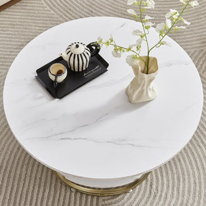 Round Coffee Table with Storage, 30" Marble White Top & Gold Frame