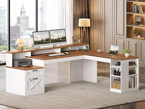 L-Shaped Corner Desk with Storage, Drawers & LED Lights