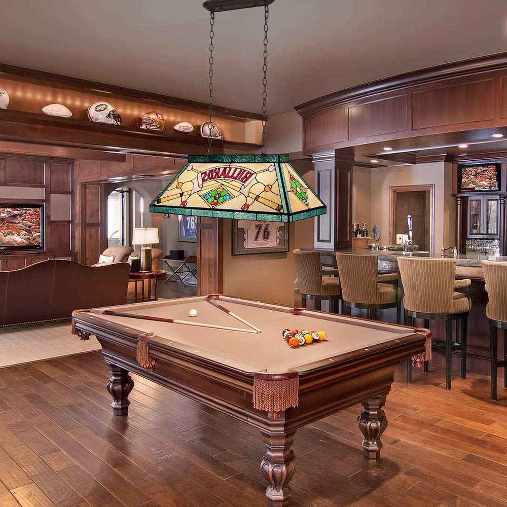 Tiffany Stained Glass Pool Table Pendant Light – 28" Wide, 3-Light, Yellow Green