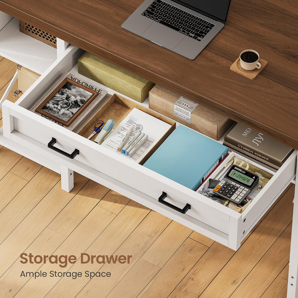 Small Desk with Drawers, Storage Shelves & Built-In Power Outlet