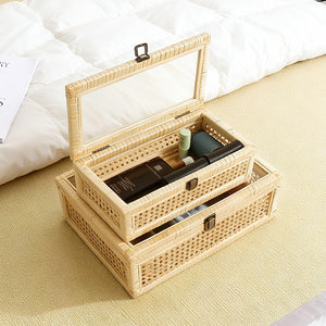 Rattan Decorative Boxes with Glass Lids – Set of 2