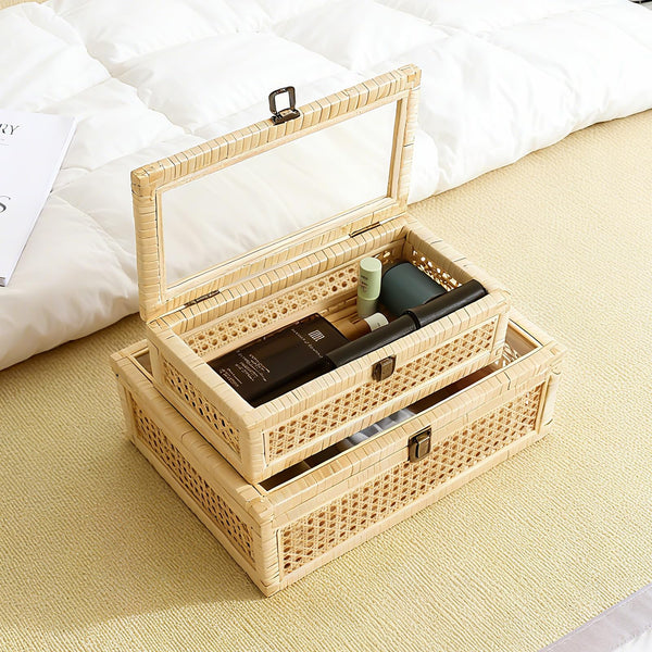 Rattan Decorative Boxes with Glass Lids – Set of 2