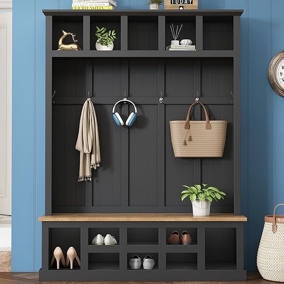 Farmhouse Hall Tree with Bench & Shoe Storage
