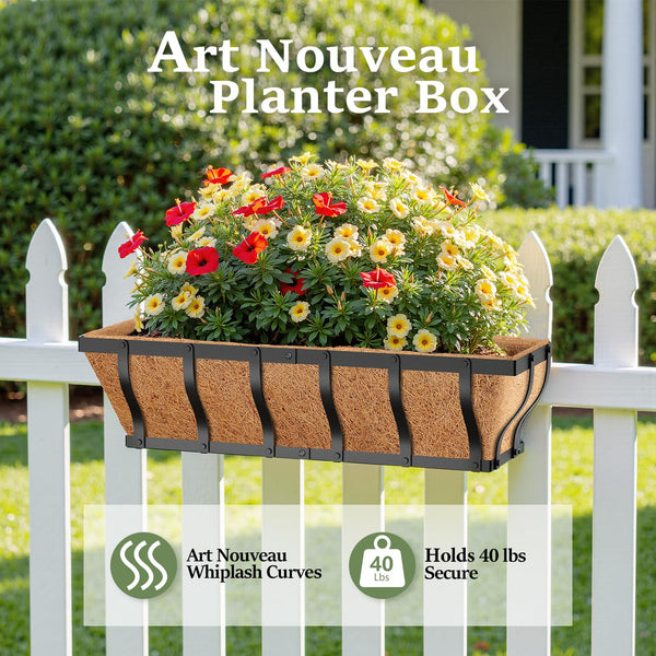 Iron Railing Planter Box with Coco Liner & Support Rod