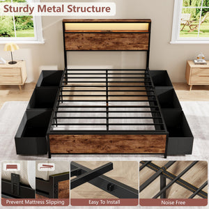 Full/Queen Platform Bed Frame with Storage Headboard, 6 Drawers & LED Lights