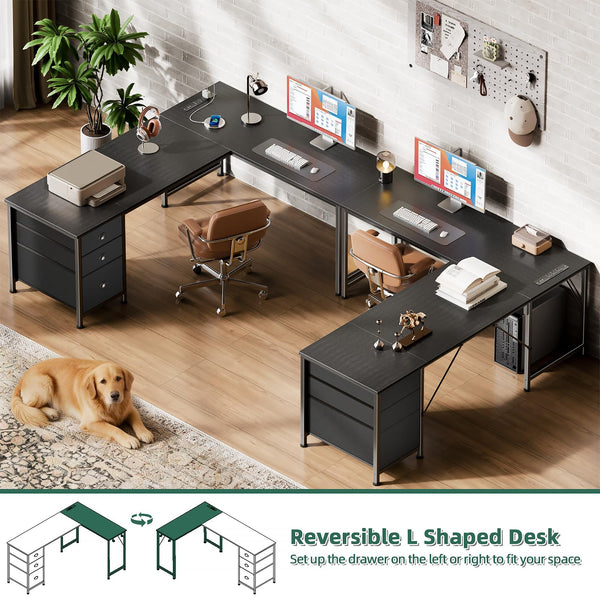 L-Shaped Computer Desk with Power Outlet & USB-C Port, Drawers, File Cabinet & Corner Storage