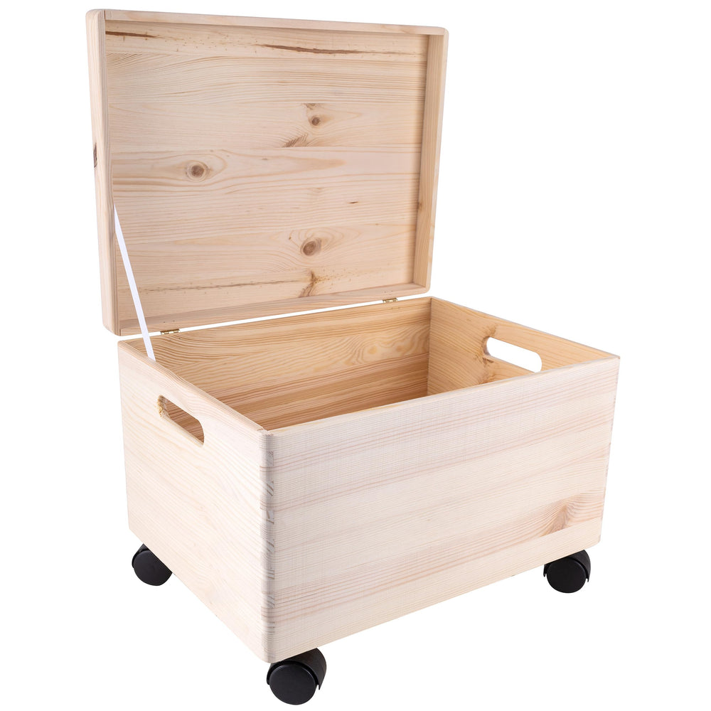 XXL Wooden Storage Box with Hinged Lid, Wheels & Handles