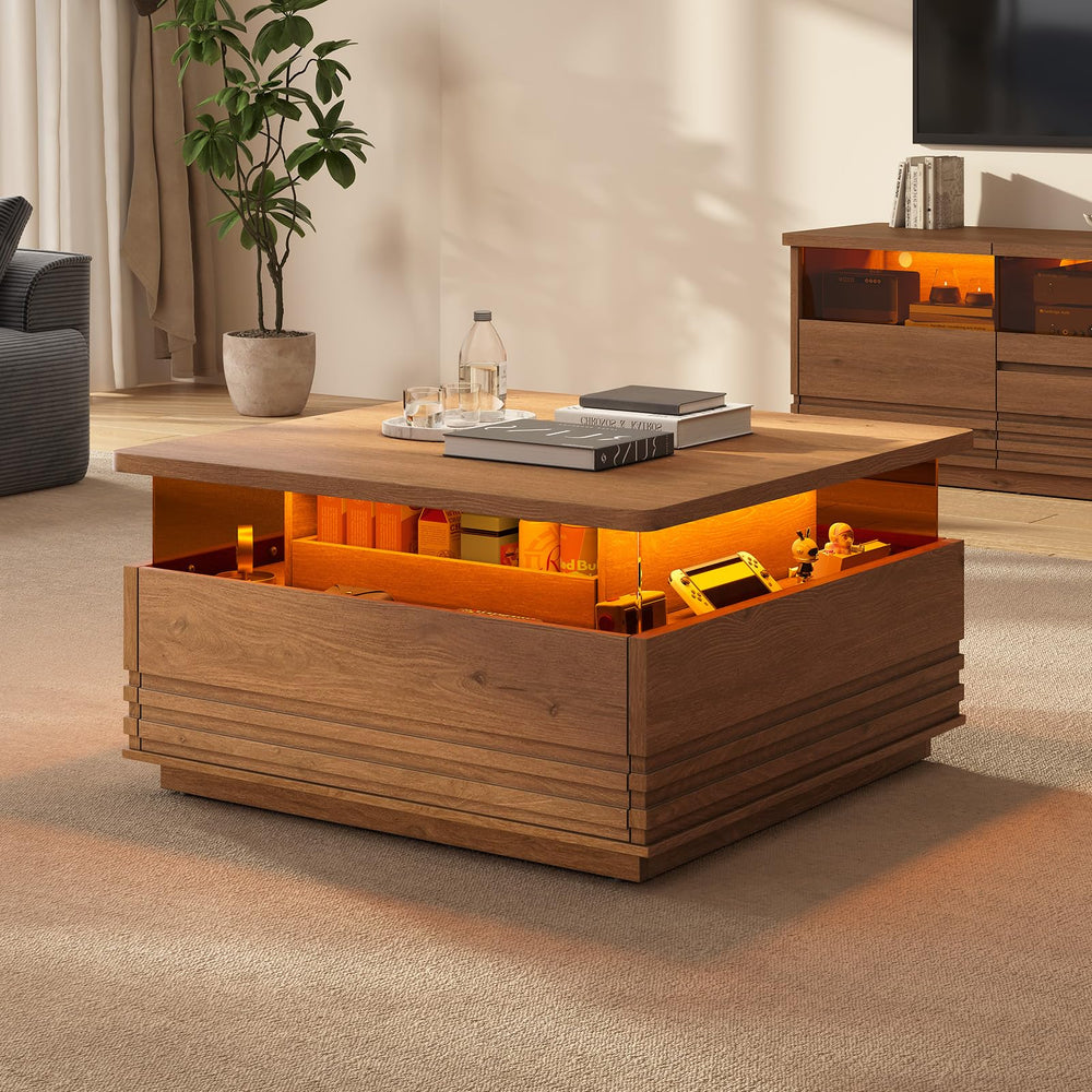 Square Fluted Coffee Table with LED Lights and Storage