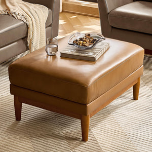 Genuine Leather Ottoman Coffee Table with Solid Wood Legs
