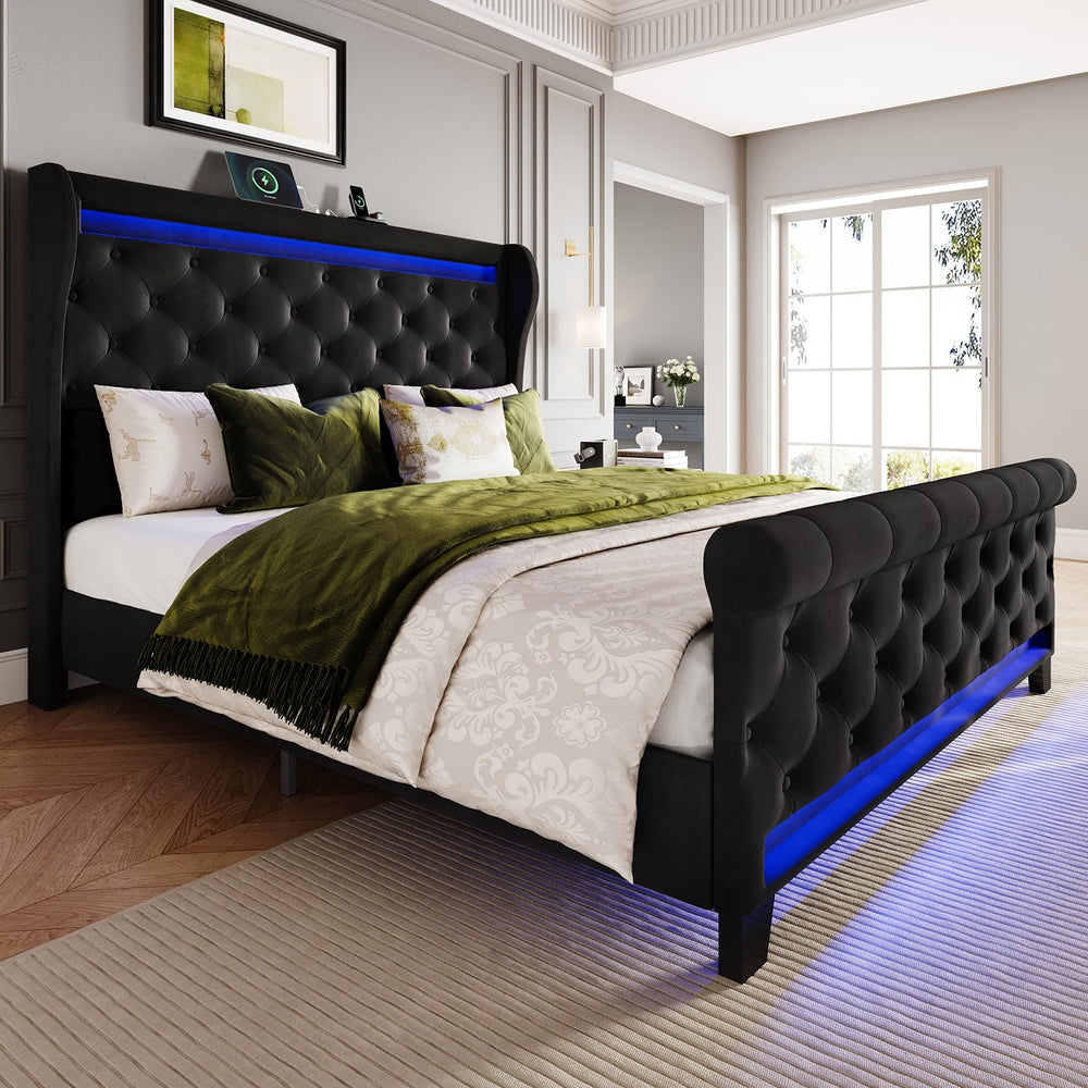 Upholstered Velvet Platform Bed Frame with LED Lights & Charging Ports