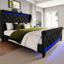 Upholstered Velvet Platform Bed Frame with LED Lights & Charging Ports