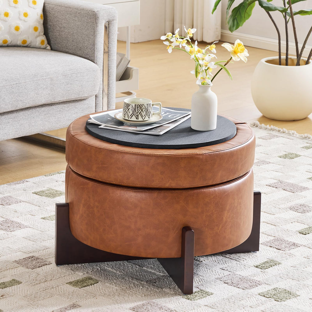 Round Storage Ottoman with Hidden Storage | PU Leather Footrest Stool