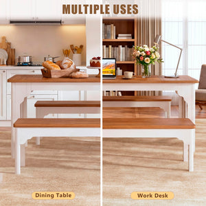 Farmhouse Dining Table Set with 2 Benches, 3-Piece, Brown & White