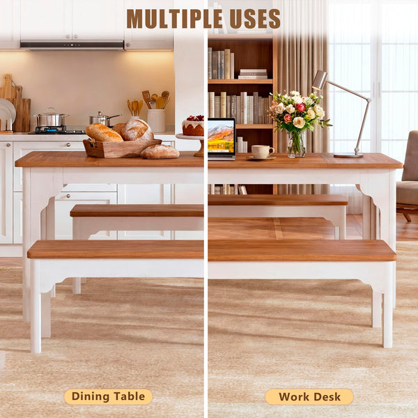 Farmhouse Dining Table Set with 2 Benches, 3-Piece, Brown & White