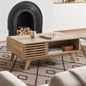 Mid-Century Fluted Coffee Table with 4-Compartment Storage & Tapered Legs