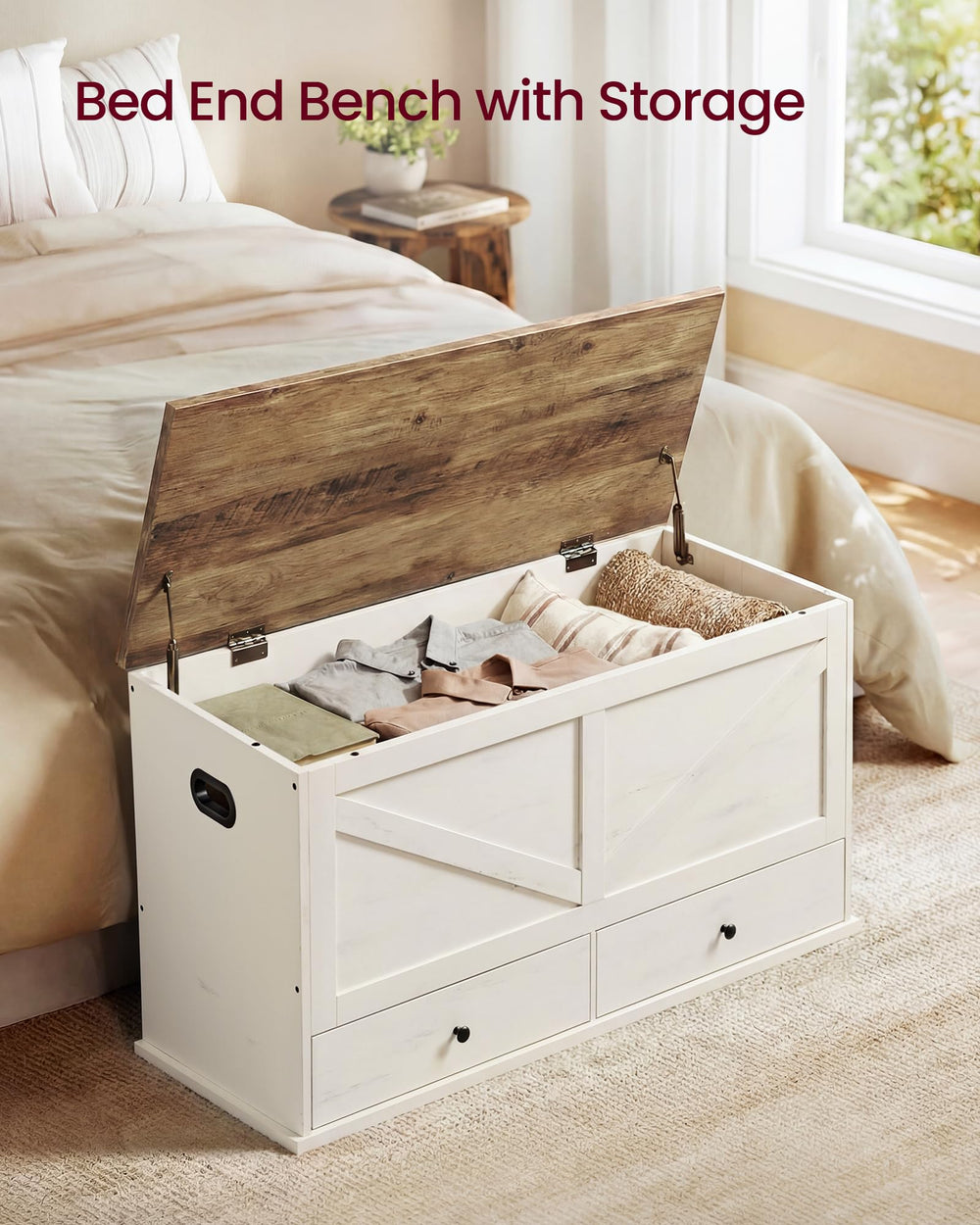Farmhouse Storage Bench with 2 Fabric Drawers