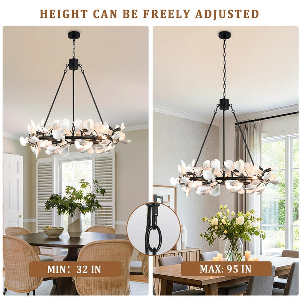28-Light Ceramic Ginkgo Leaf Branch Chandelier – 35.5" Round Modern Pendant Light