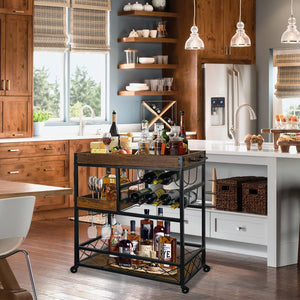 Rolling Kitchen Bar Cart with Wine Rack & Removable Trays
