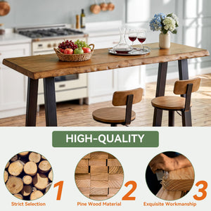 63-Inch Solid Pine Wood Bar Table with Live Edge and Metal Legs