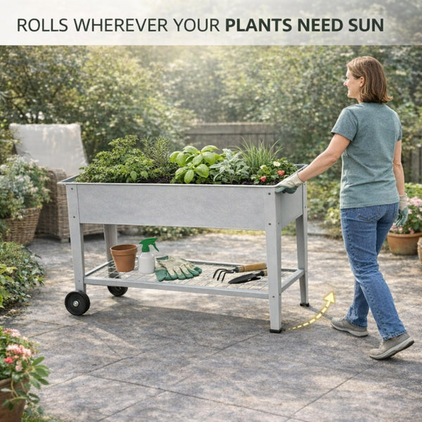 40" Raised Garden Bed with Wheels & Storage Shelf – Metal Planter Box