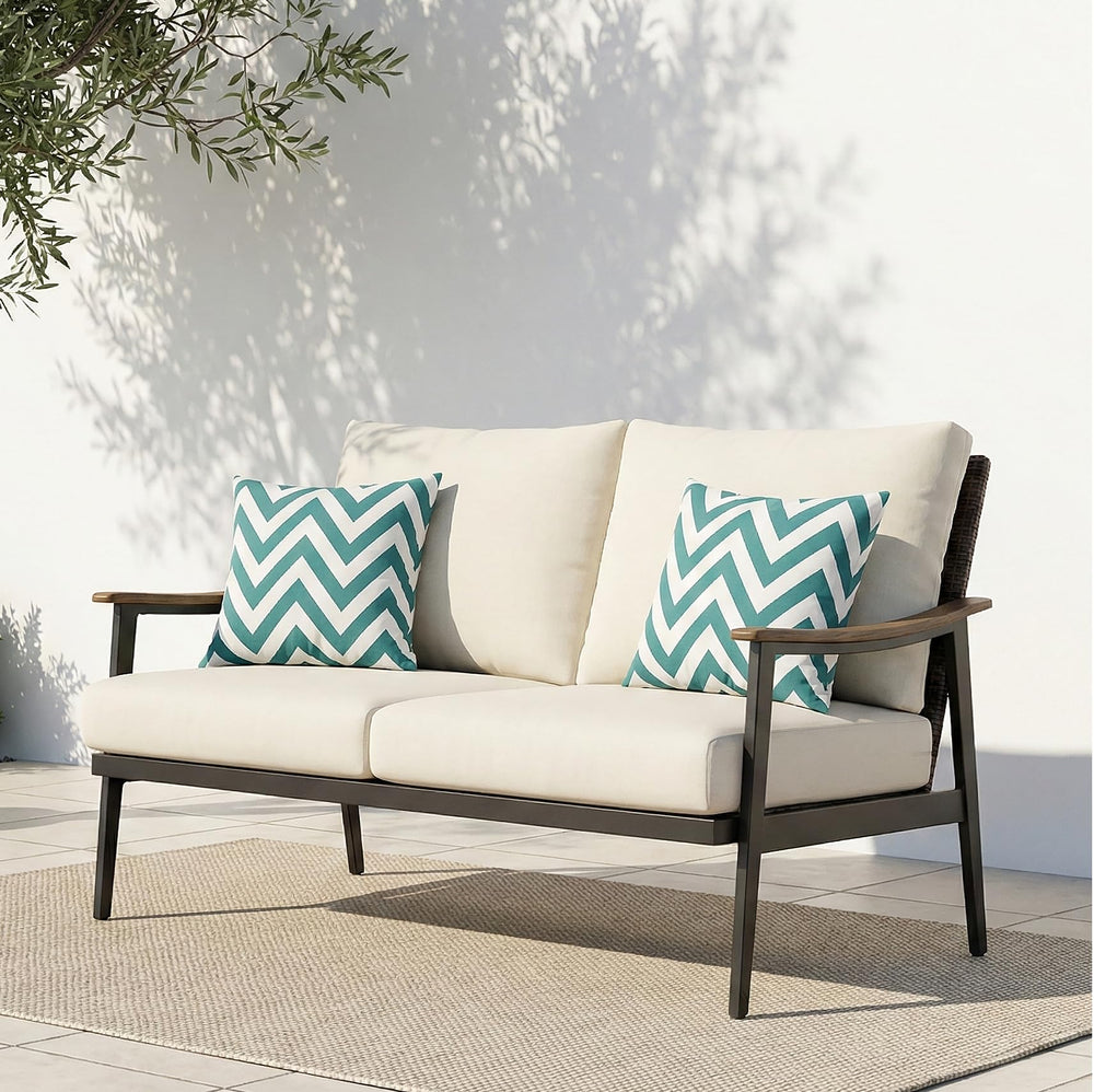 Outdoor Patio Loveseat Sofa with Wicker Backrest & Thick Cushion