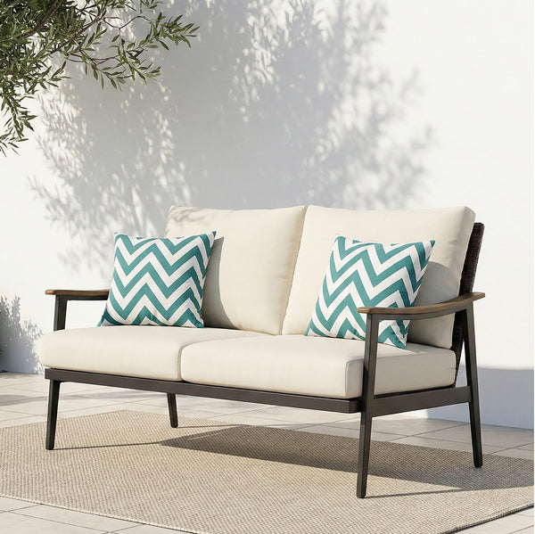 Outdoor Patio Loveseat Sofa with Wicker Backrest & Thick Cushion