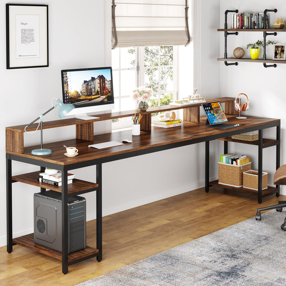 2-Person Desk with Monitor Stand & Storage Shelves, 78.74"
