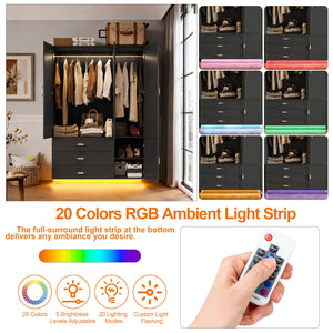 72" 3-Door Wardrobe with LED Light & Drawers