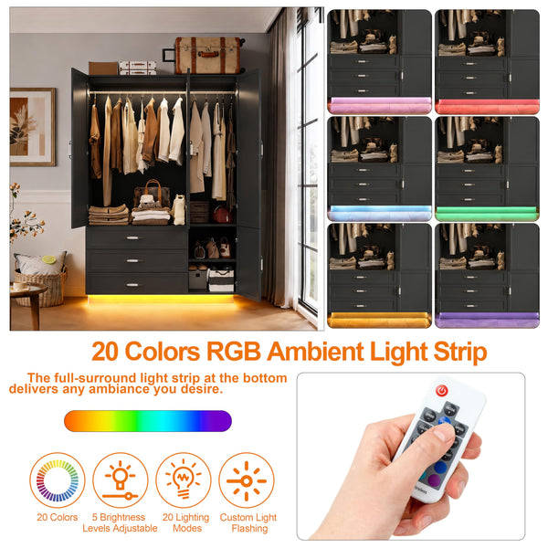 72" 3-Door Wardrobe with LED Light & Drawers