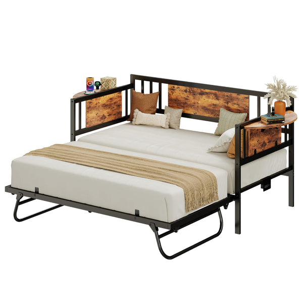 Metal Daybed with Trundle, LED Lights & Charging Station – Twin, 700 lbs