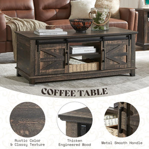 3-Piece Farmhouse Living Room Table Set with Sliding Barn Doors & Charging Station