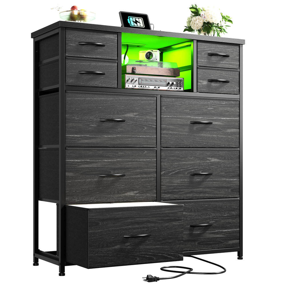 10-Drawer Dresser with LED Lights & Power Outlets – Fabric Chest of Drawers