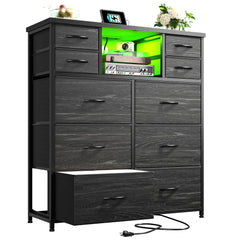 10-Drawer Dresser with LED Lights & Power Outlets – Fabric Chest of Drawers