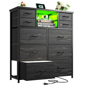 10-Drawer Dresser with LED Lights & Power Outlets – Fabric Chest of Drawers