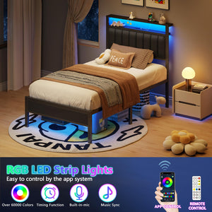 LED Bed Frame with Charging Station & Storage Headboard