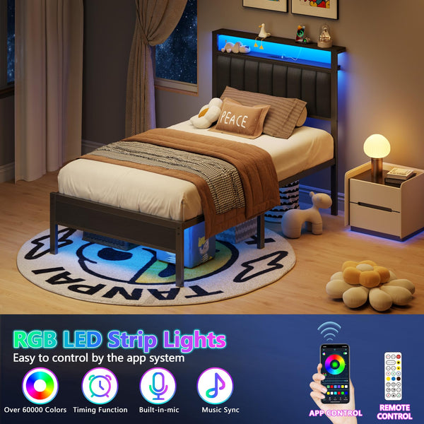 LED Bed Frame with Charging Station & Storage Headboard