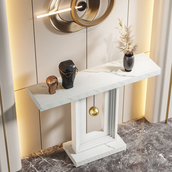 40" Faux Marble Console Table with Geometric Base