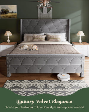 Velvet Wingback Platform Bed Frame with 56" Headboard