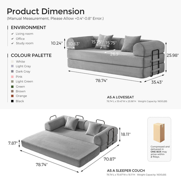 SAVENICA 79" Convertible Floor Sofa Bed, 5-in-1 Modular Sleeper with Removable Parts, No Assembly Corduroy Futon from Sofa to Oversized Bed, Non-Slip Base for Living Room, Dorm (Light Gray)