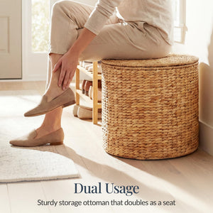 Round Water Hyacinth Storage Ottoman with Lid
