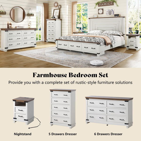Farmhouse Bedroom Set – 5 Drawer Dresser & Platform Bed Frame