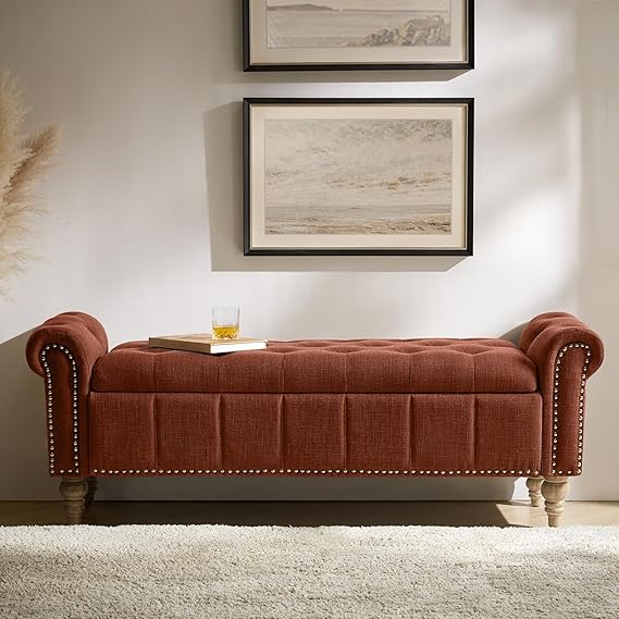 HULALA HOME Farmhouse Upholstered Storage Bench, End of Bed Bench with Vintage Button Tufted Design(Blue)