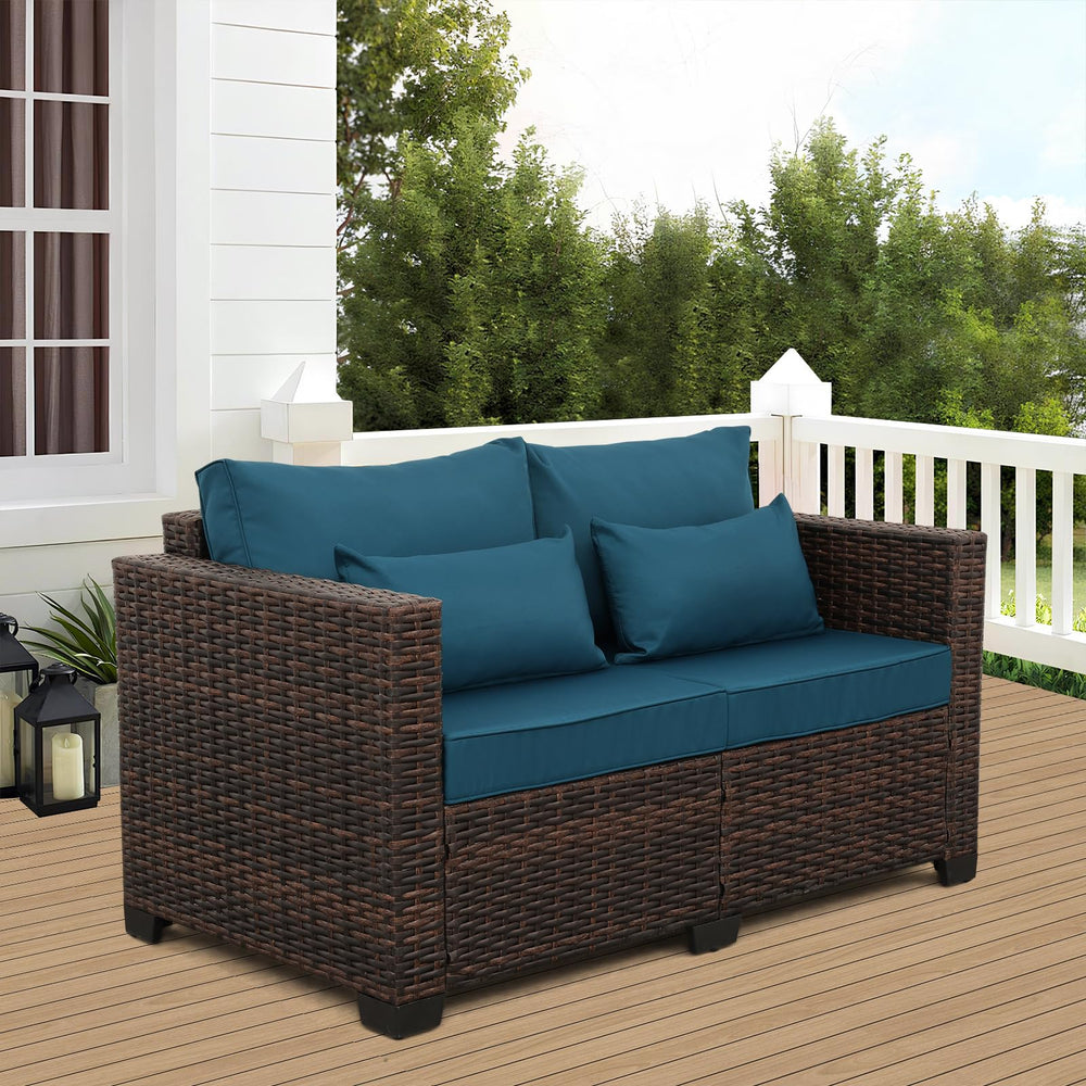 2-Seater Outdoor Wicker Loveseat Sofa with Cushions & Waterproof Cover