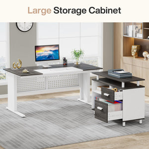 L-Shaped Executive Desk with File Cabinet & Storage Shelves